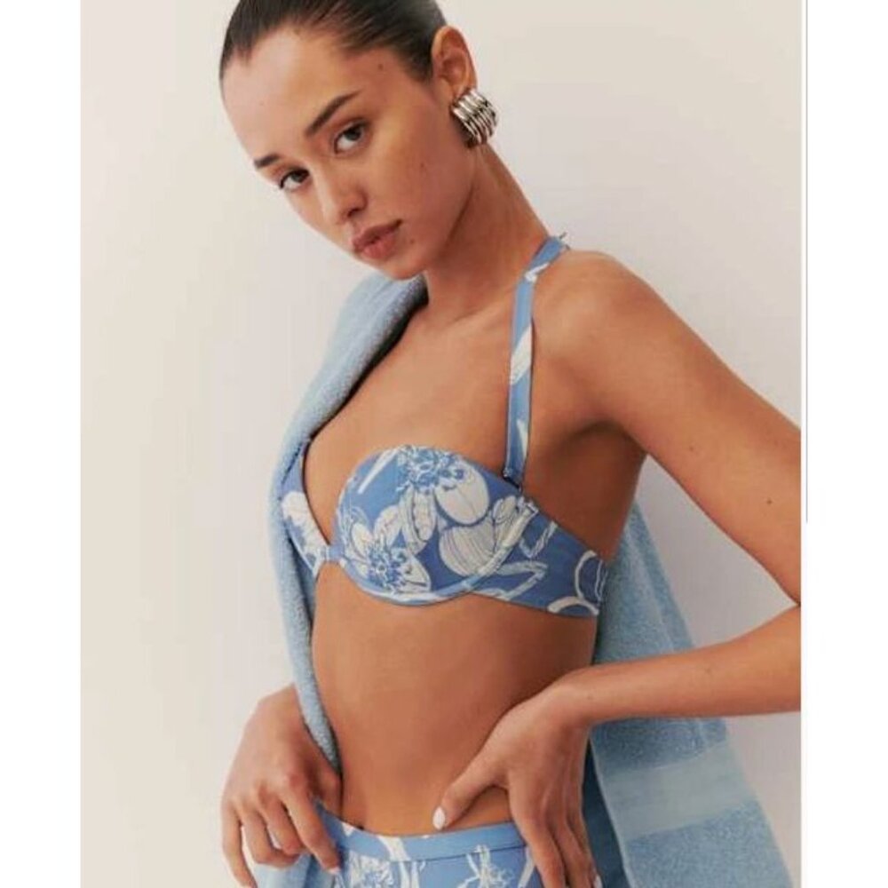 Reformation Womens Small Nile‎ Bikini Top Halter Swimsuit Blue White Floral